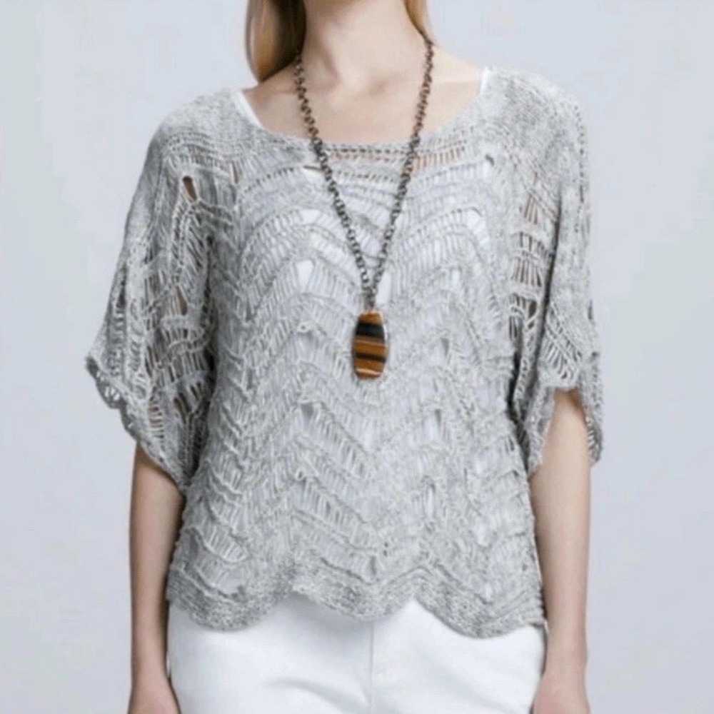Eileen Fisher‎ Taupe Grey Italian Yarn Open Knit Wonder Scallop Shirt Size MP